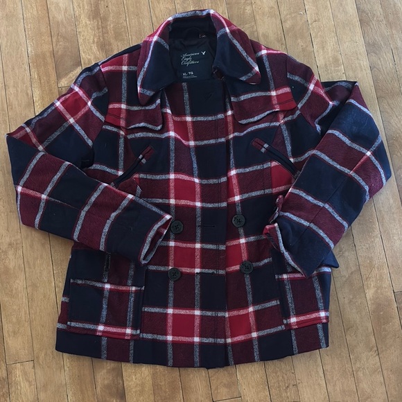 Red and Blue Plaid Peacoat - Picture 1 of 7